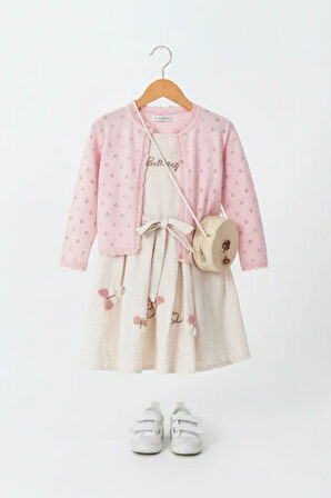 Miniğimin Cicileri Kelebek İşleme Detaylı Çantalı Elbise ve Kırmızı Hırka Kız Çocuk Kombini - Pembe