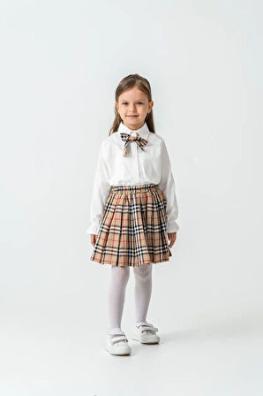 Miniğimin Cicileri Fırfır Kol Detaylı Süveterli Ekose Etek Kombini - Kahve