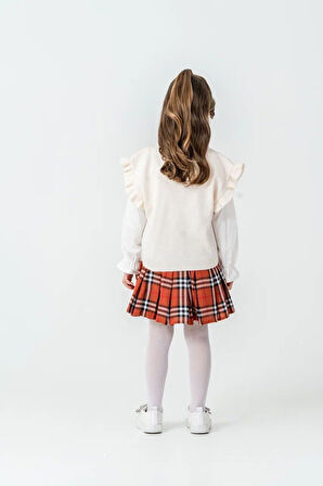 Miniğimin Cicileri Fırfır Kol Detaylı Süveterli Ekose Etek Kombini - Kırmızı