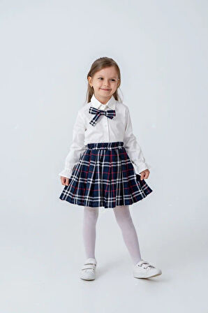 Miniğimin Cicileri Fırfır Kol Detaylı Süveterli Ekose Etek Kombini - Lacivert