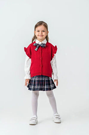 Miniğimin Cicileri Fırfır Kol Detaylı Süveterli Ekose Etek Kombini - Lacivert