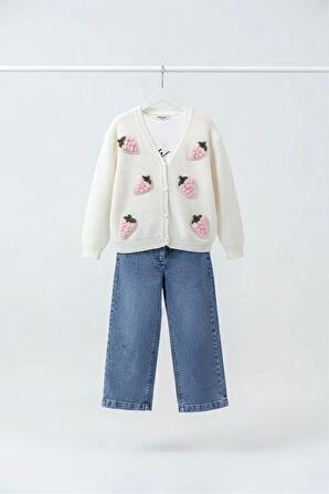 Miniğimin Cicileri Çilek Triko İşleme Detaylı Hırkalı Kız Çocuk 3 lü Takım - Pembe