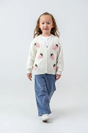 Miniğimin Cicileri Çilek Triko İşleme Detaylı Hırkalı Kız Çocuk 3 lü Takım - Pembe