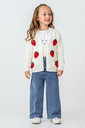 Miniğimin Cicileri Çilek Triko İşleme Detaylı Hırkalı Kız Çocuk 3 lü Takım - Kırmızı