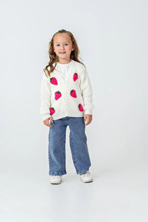 Miniğimin Cicileri Çilek Triko İşleme Detaylı Hırkalı Kız Çocuk 3 lü Takım - Fuşya