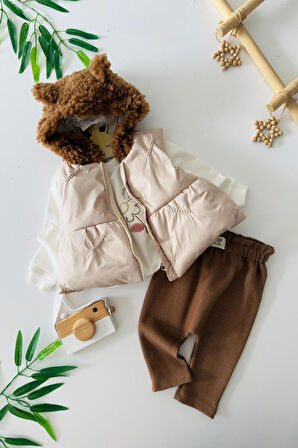 Miniğimin Cicileri Kuzu Şapkalı Kız Bebek Şişme Yelek 3 lü Takım - Kahverengi