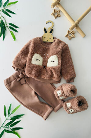 Miniğimin Cicileri Peluş Sevimli Panduflu Kız Çocuk 3 lü Takım - Kahverengi