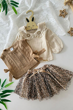 Miniğimin Cicileri Leopar Tül Etekli Triko Süveterli Kız Bebek 3 lü Takım - Kahve