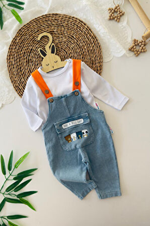 Miniğimin Cicileri Sevimli Kedicik Baskılı Erkek Bebek Salopetli Takım - Turuncu