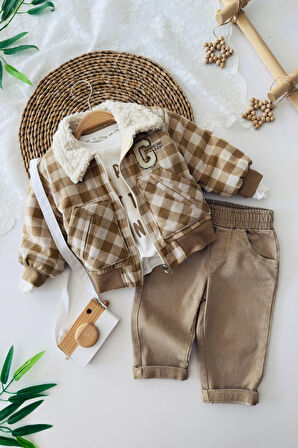 Miniğimin Cicileri Kareli G Desen Montlu Erkek Bebek. 3 lü Takım - Kahve