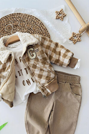 Miniğimin Cicileri Kareli G Desen Montlu Erkek Bebek. 3 lü Takım - Kahve