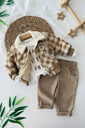 Miniğimin Cicileri Kareli G Desen Montlu Erkek Bebek. 3 lü Takım - Kahve