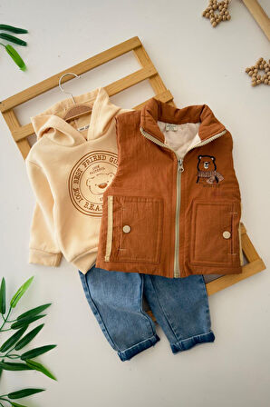 Miniğimin Cicileri Best Friend Ayıcık desenli Şişme Yelekli 3 lü Erkek  Çocuk Takım - Kahverengi