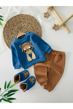 Miniğimin Cicileri Rakun İşleme Patikli Bebek 3’lü Kışlık Takım - Mavi