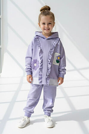 Miniğimin Cicileri Papatya Örgü Detaylı Kız Çocuk Kapüşonlu Takım - Lila