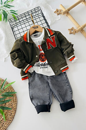 Miniğimin Cicileri N Panç İşleme Detaylı Erkek Çocuk 3 lü Takım - Yeşil