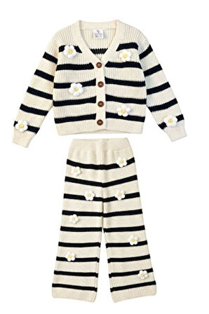 Miniğimin Cicileri Triko Papatya Örgü Detaylı Kız Çocuk 2 li Takım - Krem