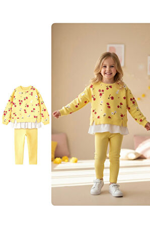 Miniğimin Cicileri Gömlek Detaylı Çiçek Baskılı Kız Çocuk 2 li Takım - Sarı