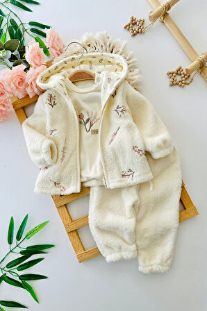 Miniğimin Cicileri Lale Baskılı Peluş Kız Bebek 3 lü Takım - Krem