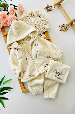 Miniğimin Cicileri Lale Baskılı Peluş Kız Bebek 3 lü Takım - Krem