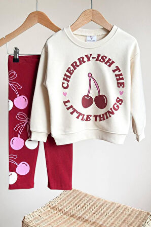 Miniğimin Cicileri Kiraz Baskılı Kız Çocuk 2 li Taytlı Takım - Bordo
