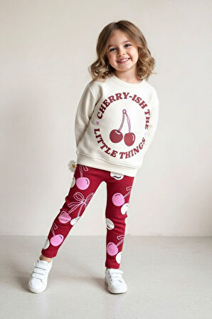 Miniğimin Cicileri Kiraz Baskılı Kız Çocuk 2 li Taytlı Takım - Bordo