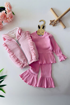 Miniğimin Cicileri Fırfır Detaylı Kapişonlu Simli Yelekli Kız Çocuk 3 lü Takım - Pembe