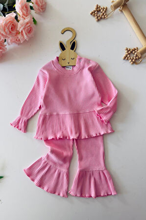 Miniğimin Cicileri Fırfır Detaylı Kapişonlu Simli Yelekli Kız Çocuk 3 lü Takım - Pembe