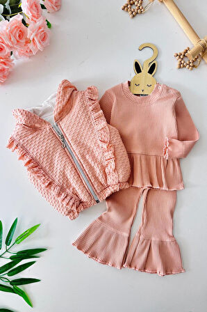 Miniğimin Cicileri Fırfır Detaylı Kapişonlu Simli Yelekli Kız Çocuk 3 lü Takım - Somon