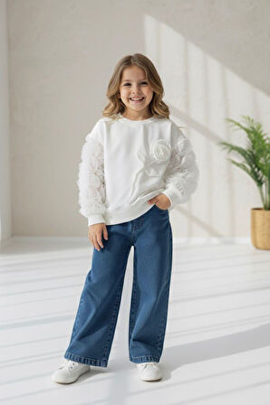 Miniğimin Cicileri Kolları Gül Detaylı Kot Pantolonlu Kız Çocuk 2 li Takım - Mavi