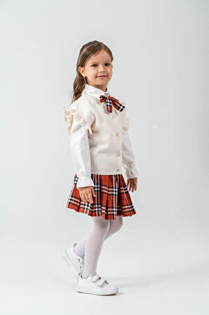 Miniğimin Cicileri Süveterli Fırfır Kol Detaylı Ekose Etek Kombini - Kahve