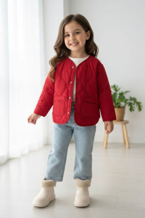 Miniğimin Cicileri  Kapitone Cepli Kız Çocuk Mevsimlik Mont - Kırmızı