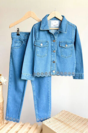 Miniğimin Cicileri Lazer Kesim Çiçek Desenli Denim Kız Çocuk 2 li Takım - Mavi