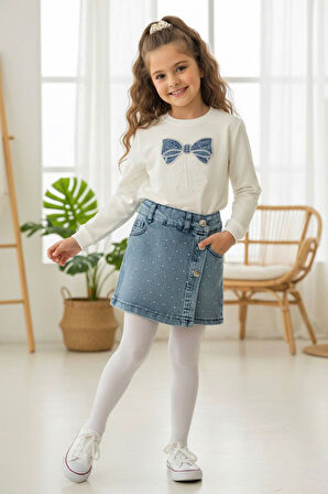 Miniğimin Cicileri Taşlı Fiyonklu Kız Çocuk Sweat - Beyaz