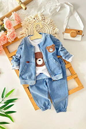 Miniğimin Cicileri Erkek Bebek Ayıcık Panç İşleme Detaylı 3 lü Yumuşak Kotlu Takım - Açık Mavi