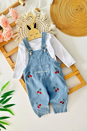 Miniğimin Cicileri Kiraz işleme Detaylı Kız Bebe 2 li Salopet Yumuşak Kotlu Takım - Açık Mavi