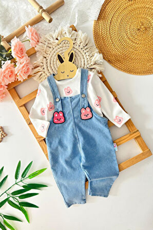 Miniğimin Cicileri Ayıcık işleme Detaylı Kız Bebe 2 li Salopet Yumuşak Kotlu Takım - Açık Mavi