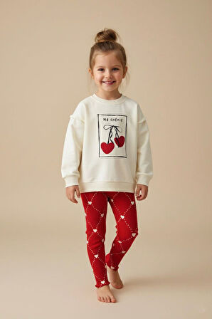 Miniğimin Cicileri Kiraz Baskılı Kalp Detaylı Taytlı Kız Çocuk 2 li Takım - Kırmızı
