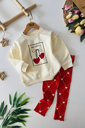 Miniğimin Cicileri Kiraz Baskılı Kalp Detaylı Taytlı Kız Çocuk 2 li Takım - Kırmızı