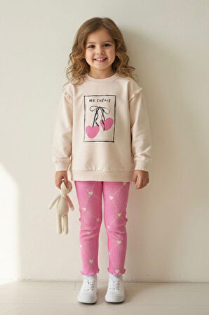 Miniğimin Cicileri Kiraz Baskılı Kalp Detaylı Taytlı Kız Çocuk 2 li Takım - Pembe