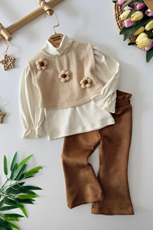 Miniğimin Cicileri Papatya Detaylı Kadife Pantolonlu Kız Çocuk 3 lü Takım - Kahverengi