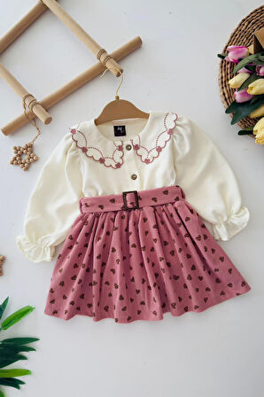 Miniğimin Cicileri Kadife Kalp Desenli Yaka Detaylı Kız Çocuk 2 li Takım - Gül Kurusu