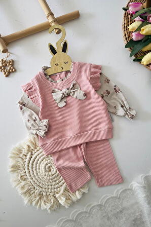 Miniğimin Cicileri Fiyonk Detaylı Çiçek Desenli Bluzlu 3 lü Kız Takımı - Pembe
