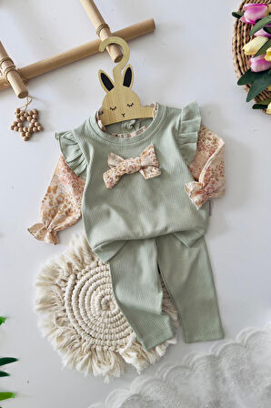 Miniğimin Cicileri Fiyonk Detaylı Çiçek Desenli Bluzlu 3 lü Kız Takımı - Yeşil