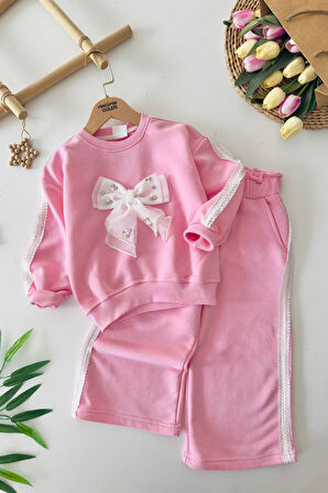 Miniğimin Cicileri Fiyonk Taş Detaylı Fistolu Kız Çocuk 2 li Takım - Pembe