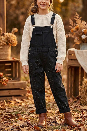 Miniğimin Cicileri Taş Detaylı Kot Kız Çocuk Salopet - Siyah