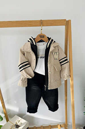 Miniğimin Cicileri W Panç İşleme Detaylı 4 lü Erkek Çocuk Kapüşonlu Takım - Krem