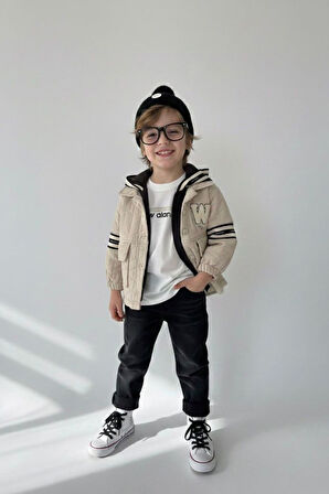 Miniğimin Cicileri W Panç İşleme Detaylı 4 lü Erkek Çocuk Kapüşonlu Takım - Krem