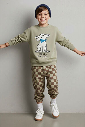 Miniğimin Cicileri Hello Amigo Köpek Baskılı Dama Detaylı Erkek Çocuk Takım - Yeşil