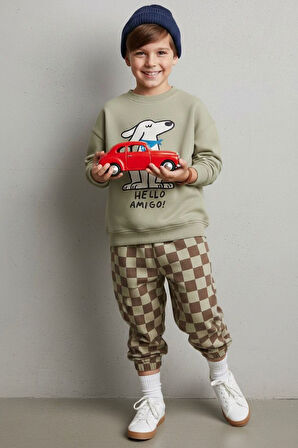 Miniğimin Cicileri Hello Amigo Köpek Baskılı Dama Detaylı Erkek Çocuk Takım - Yeşil